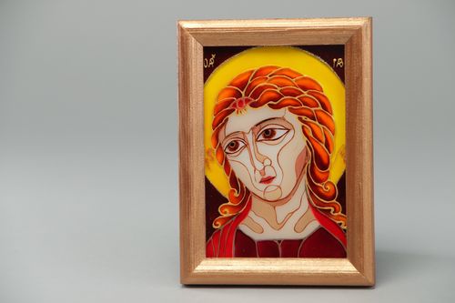 Handmade Orthodox home icon of archangel Gabriel stained glass painting technique - MADEheart.com