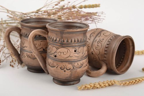 Set of 3 (three) 10 oz coffee cups made of white natural lead-free clay with handle and ethnic pattern - MADEheart.com