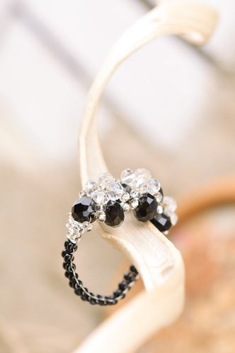 Handmade black volume beaded ring with white flowers for girl - MADEheart.com