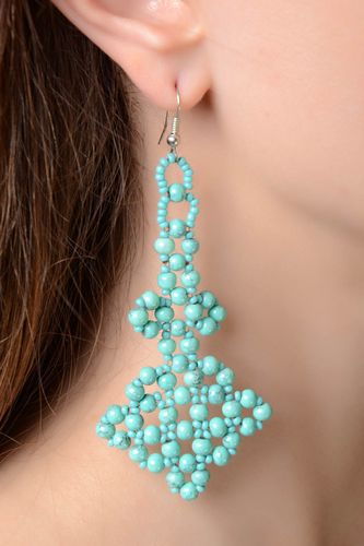 Handmade woven beaded long earrings of turquoise color - MADEheart.com
