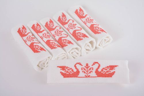 Set of handmade cotton white napkins with machine embroidery 6 items Swans - MADEheart.com