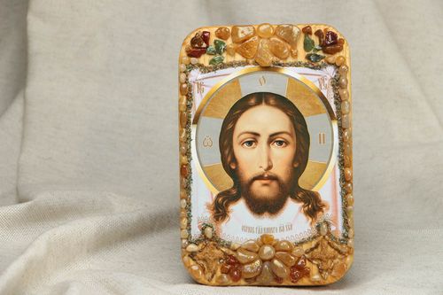 Icône de Jésus-Christ en bois et pierres faite main - MADEheart.com