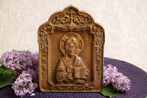 Carved wooden small icon with metal fastening Jesus Christ handmade wall panel - MADEheart.com