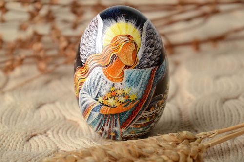 Painted goose egg with carved elements - MADEheart.com