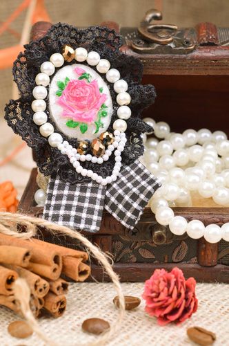 Handmade brooch with flower lace and beads black and white beautiful accessory - MADEheart.com