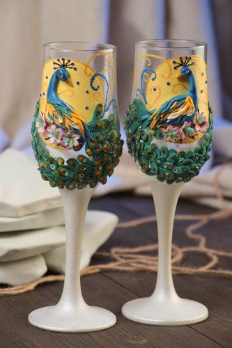Handmade 2 decorative painted wedding champagne glasses with molded elements - MADEheart.com