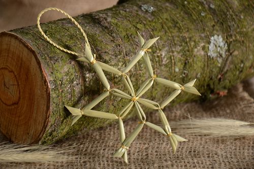 Handmade small Christmas tree ornament woven of straw in the shape of snowflake - MADEheart.com