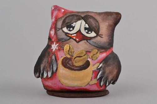 Handmade funny painted soft toy with coffee aroma and wooden stand Owl - MADEheart.com