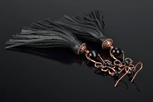 Long wire wrap copper earrings with leather fringe  - MADEheart.com
