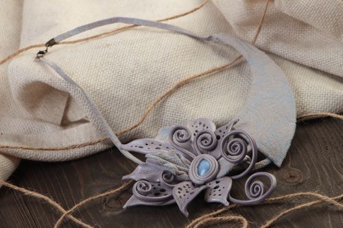 Handmade gray genuine leather flower necklace designer jewelry - MADEheart.com