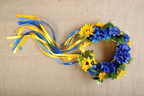 Ukrainian wreath with artificial flowers Yellow and blue - MADEheart.com