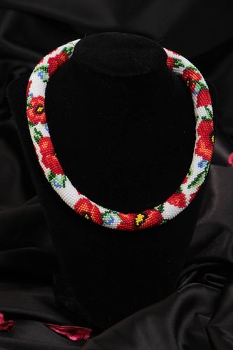 Beaded cord necklace with flowers white and red beautiful elegant handmade - MADEheart.com