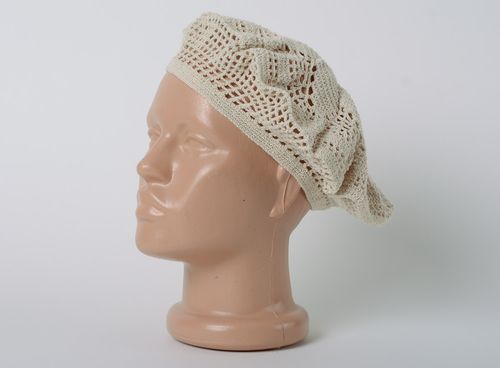 Tender lacy handmade beret hat crocheted of beige cotton threads for women - MADEheart.com