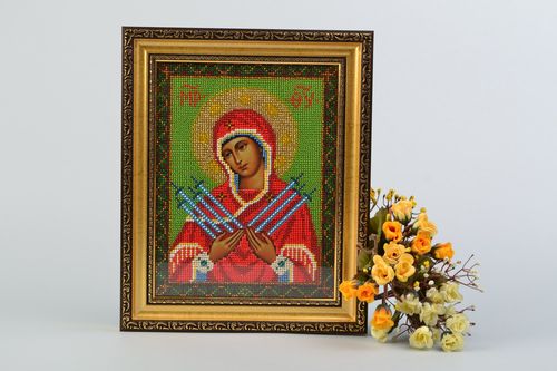 Icono de Nuestra Señora de Puerta de Aurora bordado con abalorios artesanal pequeño - MADEheart.com