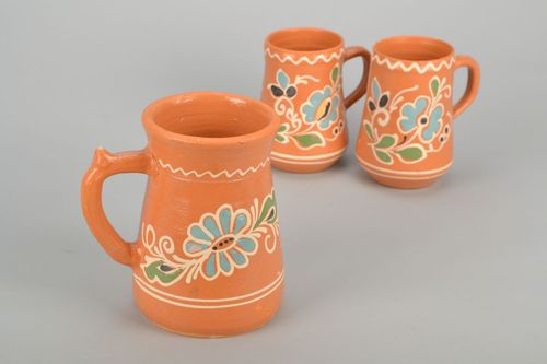 Large clay glazed beer, coffee, tea glazed cup with handle and floral pattern - MADEheart.com