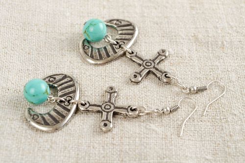 Long handcrafted earrings designer turquoise metal accessories women gift idea - MADEheart.com
