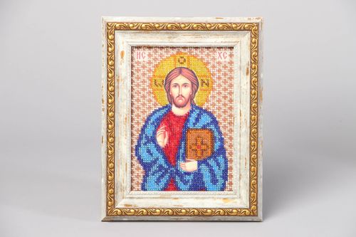 Icône brodée en perles de rocaille représentant Jésus Christ  - MADEheart.com