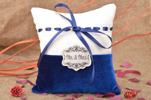 Handmade designer white and blue cotton fabric ring pillow with ribbon - MADEheart.com