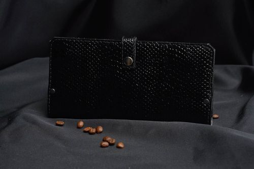 Portefeuille en cuir naturel noir fait main texture en relief grand unisexe - MADEheart.com