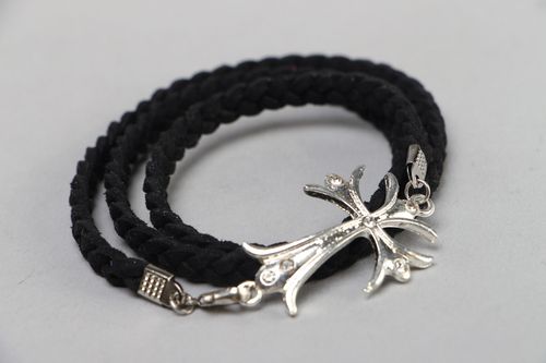 Black woven artificial suede bracelet with cross charm - MADEheart.com