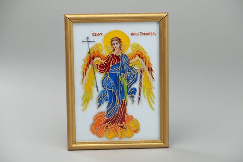 Icono de cristal artesanal de Ángel de la Guarda enmarcado pintura de vitral - MADEheart.com