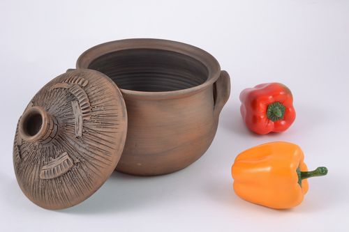 Petit pot en terre cuite avec couvercle marron décoré fait main 2 l pour cuisine - MADEheart.com