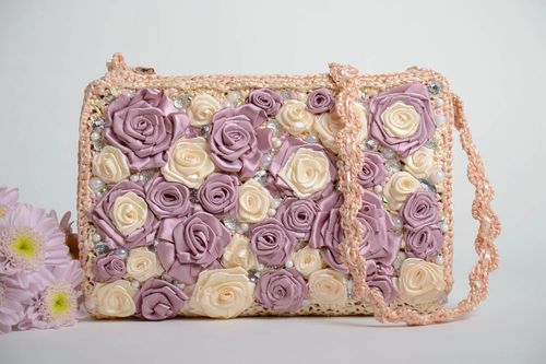 Handmade designer light crocheted clutch bag with pink and violet ribbon flowers - MADEheart.com