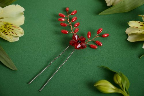 Handmade designer metal hair pin decorated with red beaded flowers - MADEheart.com