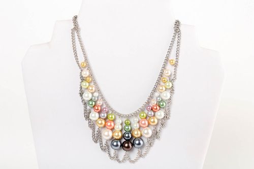 Collar original de cuentas de perlas de cerámica artesanal multicolor con cadena - MADEheart.com