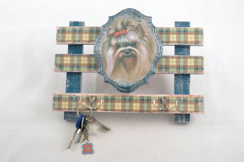 Accroche-clés mural en bois avec image de chien technique de serviettage fait main - MADEheart.com