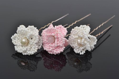 Lot dépingles à cheveux avec fleur en perles de rocaille faites main 3 pièces - MADEheart.com