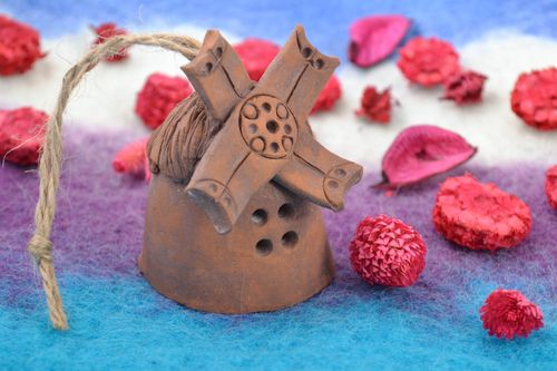 Handmade bell made of red clay brown unusual with eyelet - MADEheart.com