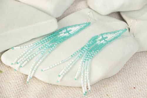 Handmade long beaded earrings with charms in light shades beautiful - MADEheart.com