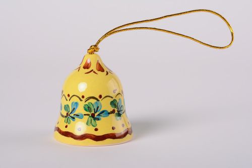 Handmade decorative yellow maiolica ceramic hanging bell painted with glaze - MADEheart.com