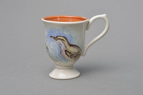 Art porcelain elegant 5 oz tea cup with an elegant handle and bird painted pattern - MADEheart.com