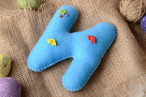 Handmade small blue felt educational soft toy letter N with decor for children - MADEheart.com