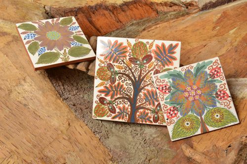 Set of 3 handmade decorative painted colorful ceramic tiles with floral motives - MADEheart.com