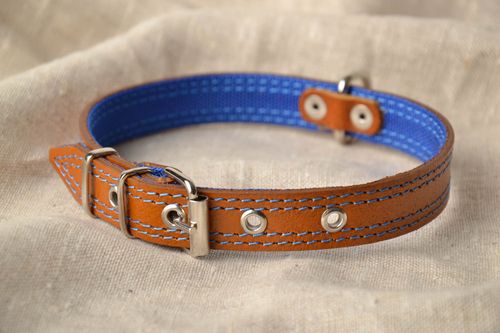 Collier de chien original fait main en cuir naturel marron-bleu design - MADEheart.com