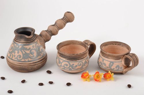 Ceramic coffee pottery set of 10 oz coffee turk and two 2 oz cups - MADEheart.com