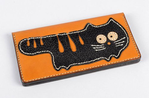 Portefeuille cuir Accessoire femme fait main orange chat noir Cadeau original - MADEheart.com