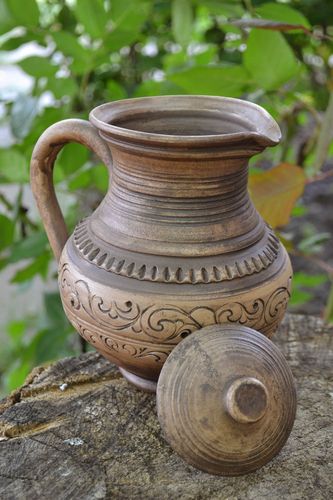 25 oz handmade ceramic water, milk, wine pitcher with handle, lid, and ornament in classic design 1,17 lb - MADEheart.com