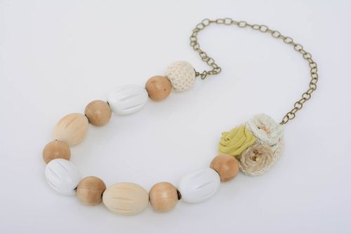 Handmade designer light wooden bead necklace on chain with fabric flowers - MADEheart.com