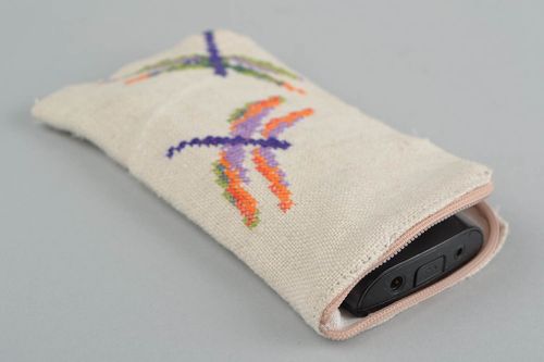 Handmade hemp fabric mobile phone case with cross stitch embroidery Dragonflies - MADEheart.com