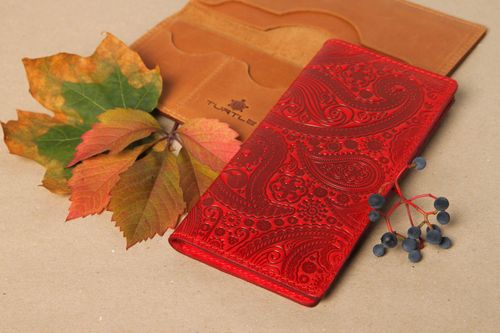 Red handmade leather wallet leather goods handmade accessories for men - MADEheart.com