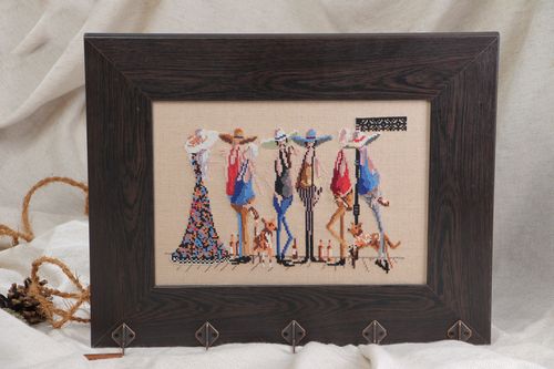 Beautiful handmade wooden wall key holder with cross stitch embroidery for decor - MADEheart.com
