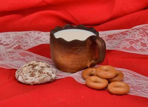 Red clay art not glazed drinking cup with handle and flower pattern - MADEheart.com