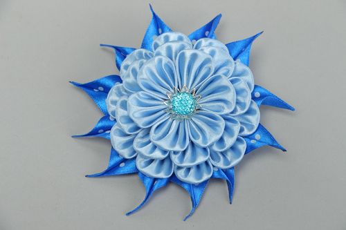Handmade round hair clip with kanzashi satin ribbon blue flower with rhinestones - MADEheart.com