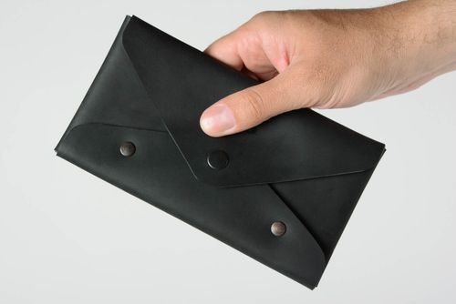 Portefeuille en vrai cuir noir fait main accessoire de créateur pratique - MADEheart.com