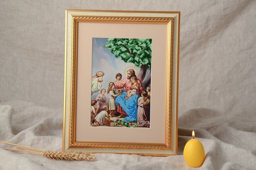 Icône religieuse de bénédiction des enfants brodée avec perles de rocaille - MADEheart.com