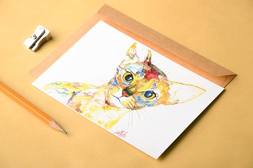 Handmade Künstler Karte bemalte schöne Grusskarte mit Katze Grußkarte Papier - MADEheart.com